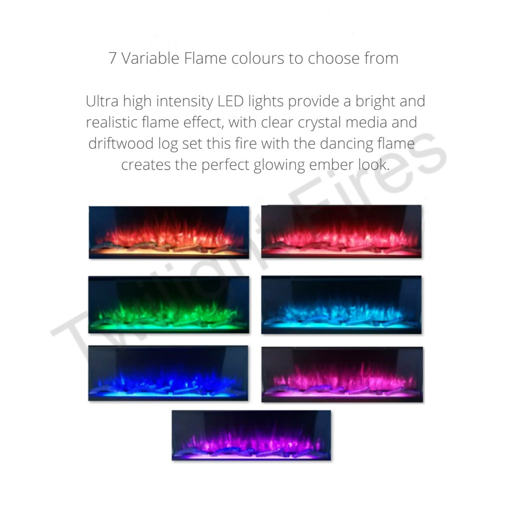 Luvelle 71” electric fire showing seven different LED flame colour settings with driftwood logs and crystal media.