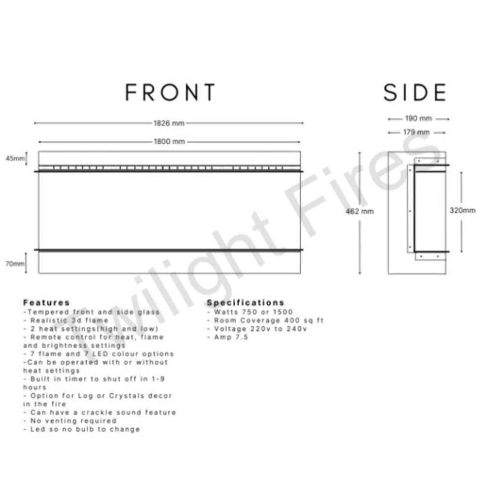 Technical line drawing showing front and side dimensions of the Luvelle 71” 3D Panoramic Media Wall Electric Fire.