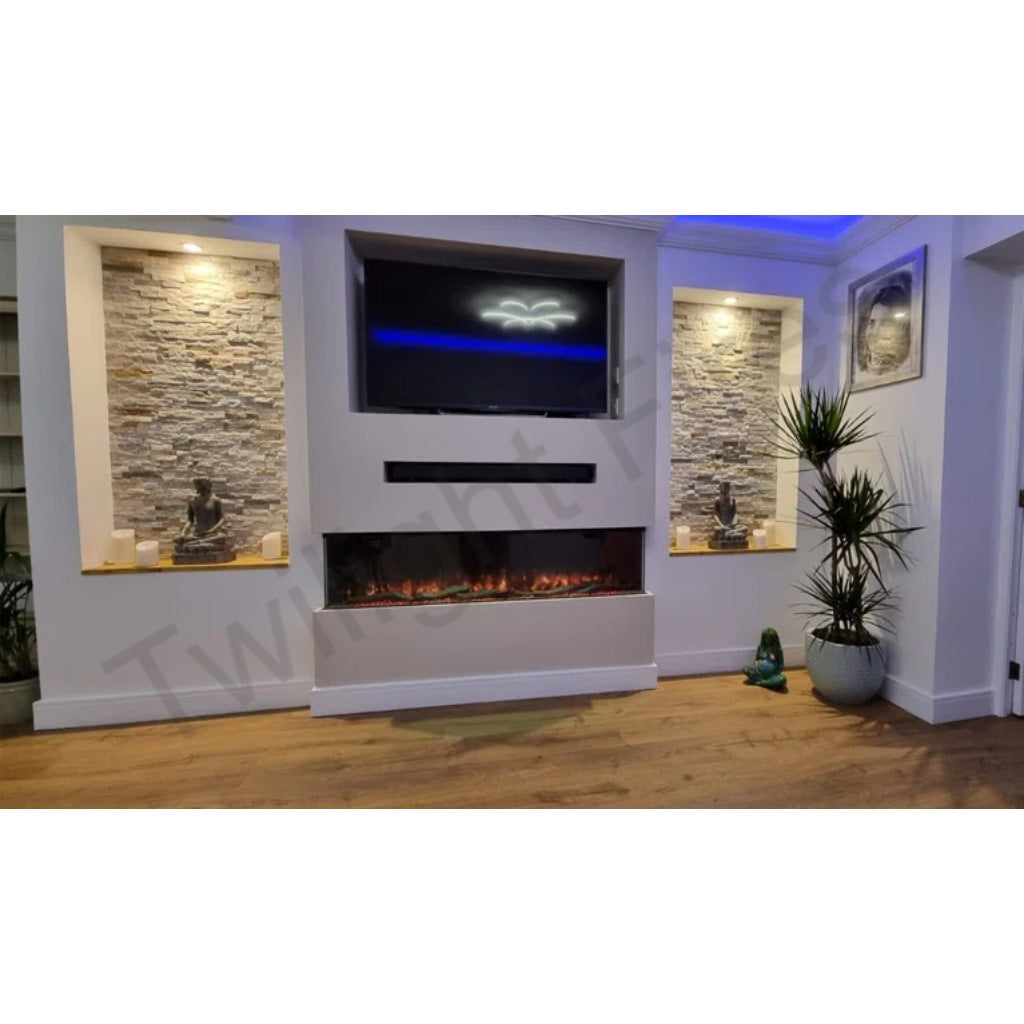 Luvelle 80” panoramic electric fire installed in a white media wall with stone-effect alcoves and a mounted TV.