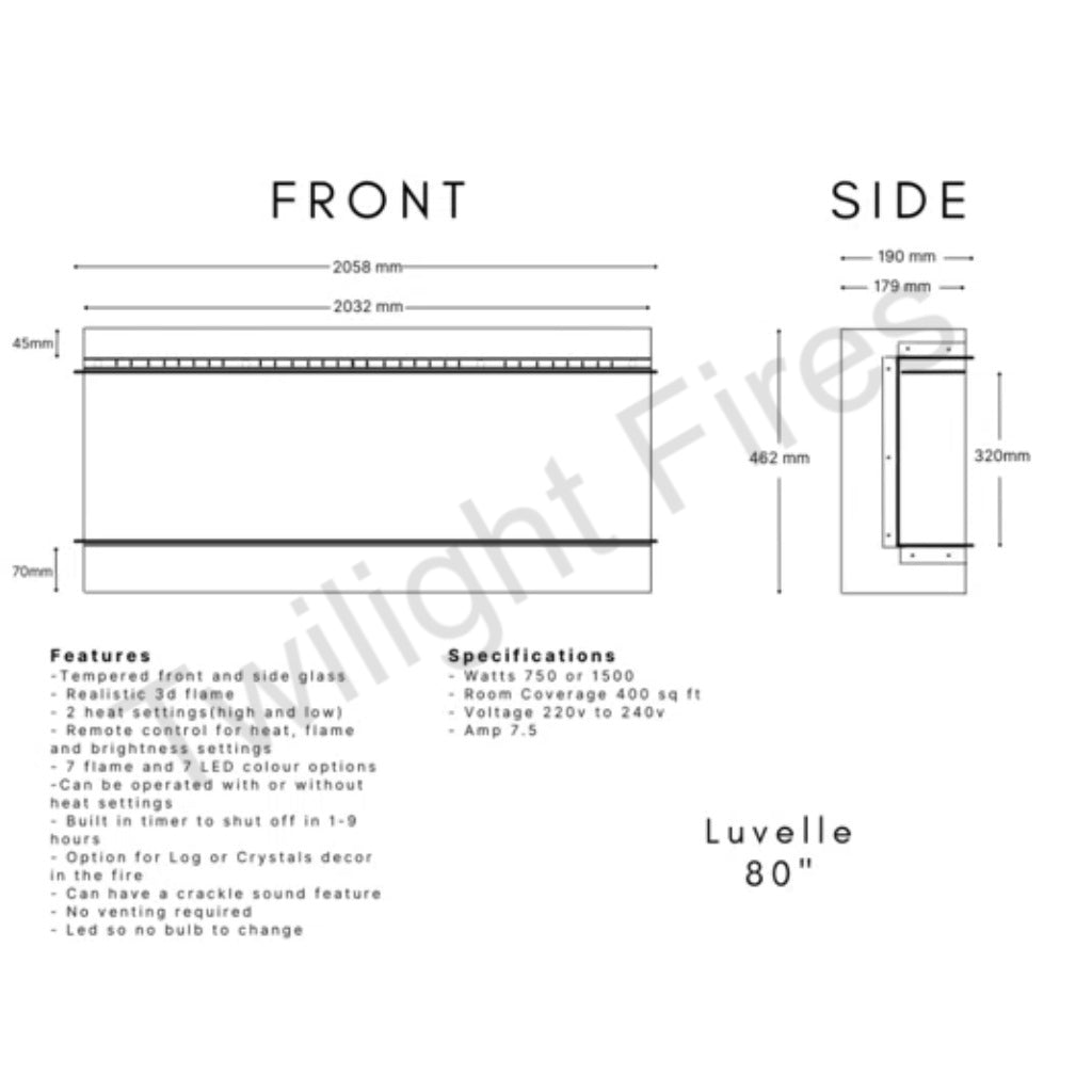 Technical line drawing showing front and side dimensions for the Luvelle 80” Panoramic Electric Fire.