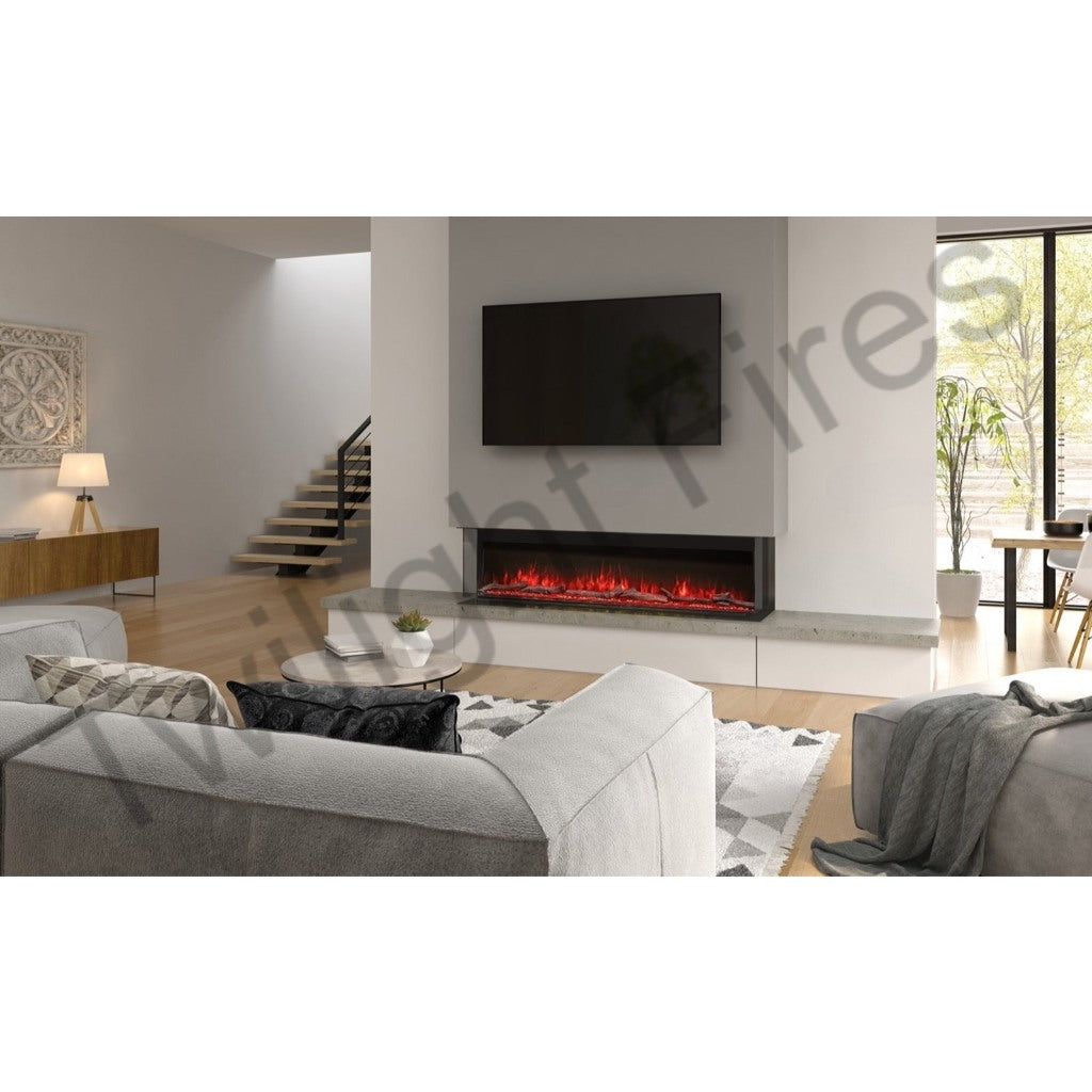 Luvelle 80” panoramic electric fire with glowing red flames, set into a modern grey media wall below a mounted TV.