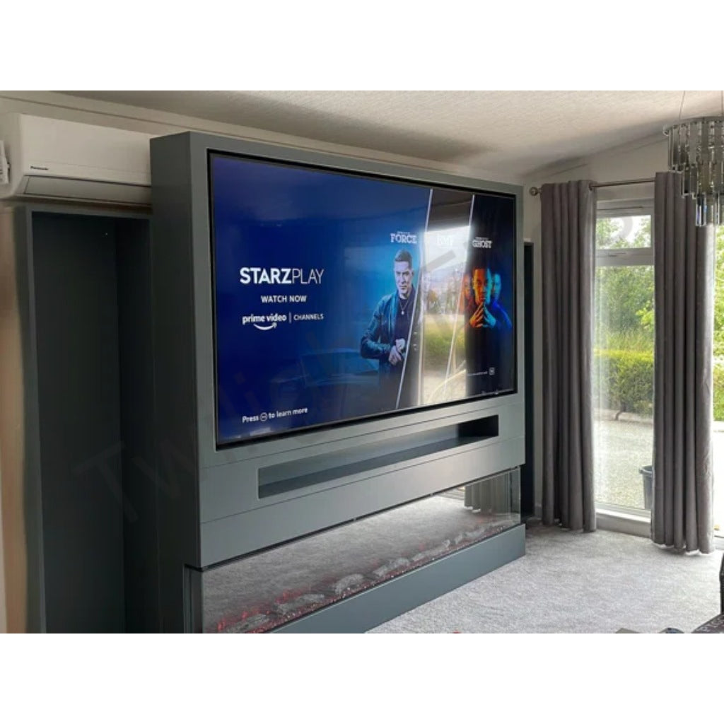 Luvelle 80” Panoramic Electric Fire installed in a grey media wall with a mounted television above.