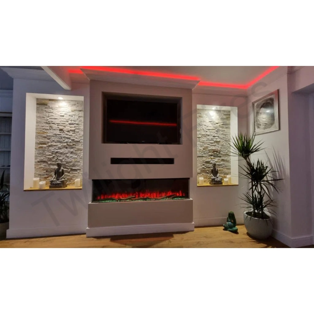 Luvelle 80” Panoramic Electric Fire with red flames, set in a modern media wall with stone alcoves and LED lighting.
