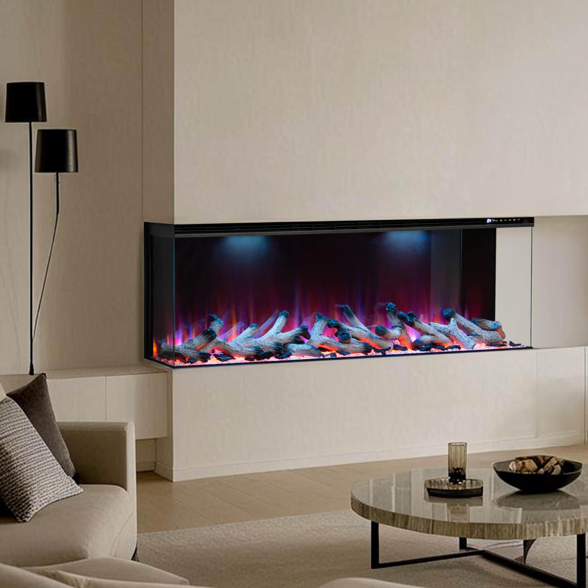 Maison 50 Inch 3 Sided Panoramic HD+ Media Wall Electric Fire with glowing logs and blue and red flame effects.
