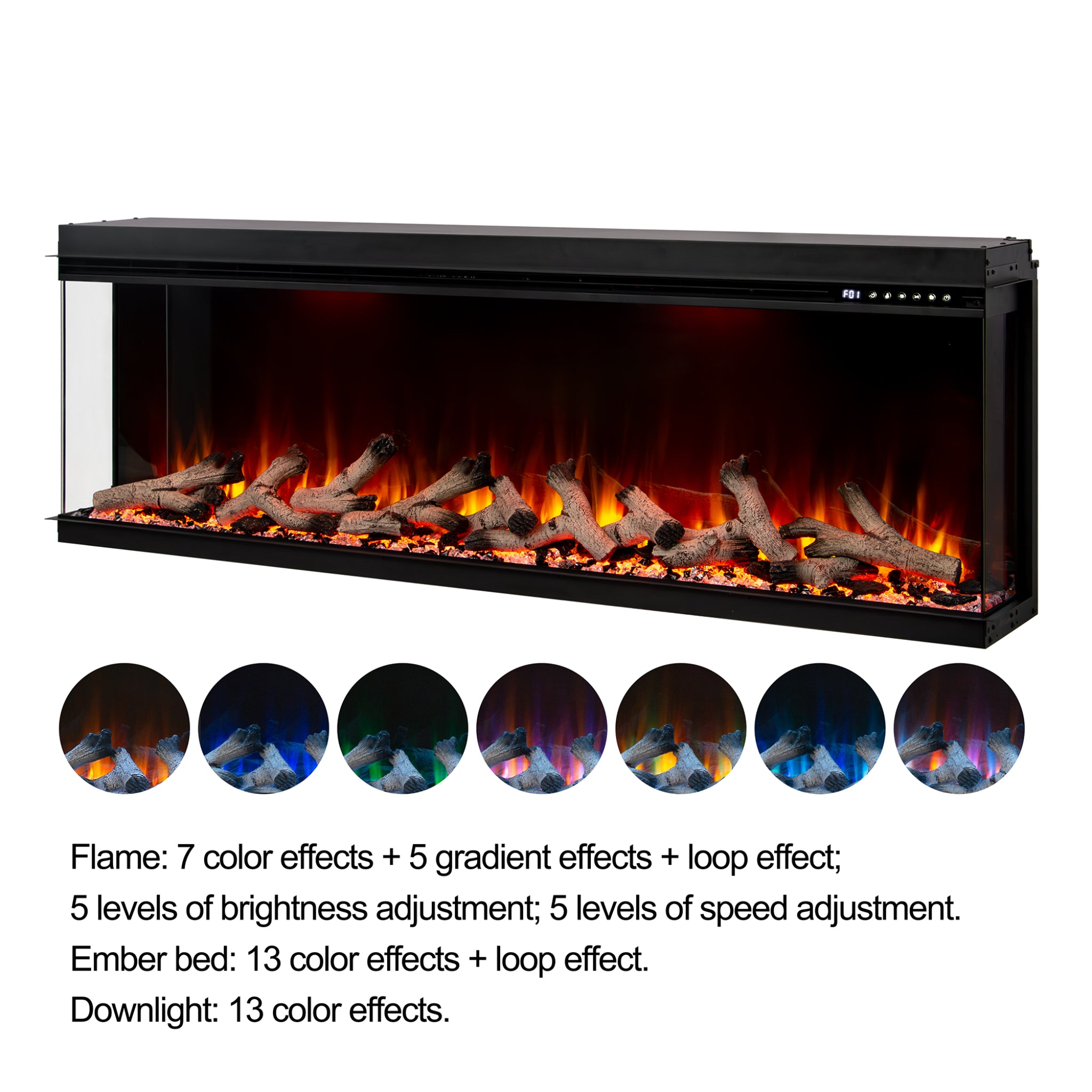 Maison 50 Inch 3 Sided Panoramic HD+ Media Wall Electric Fire with realistic log fuel bed and multi-colour LED flames.