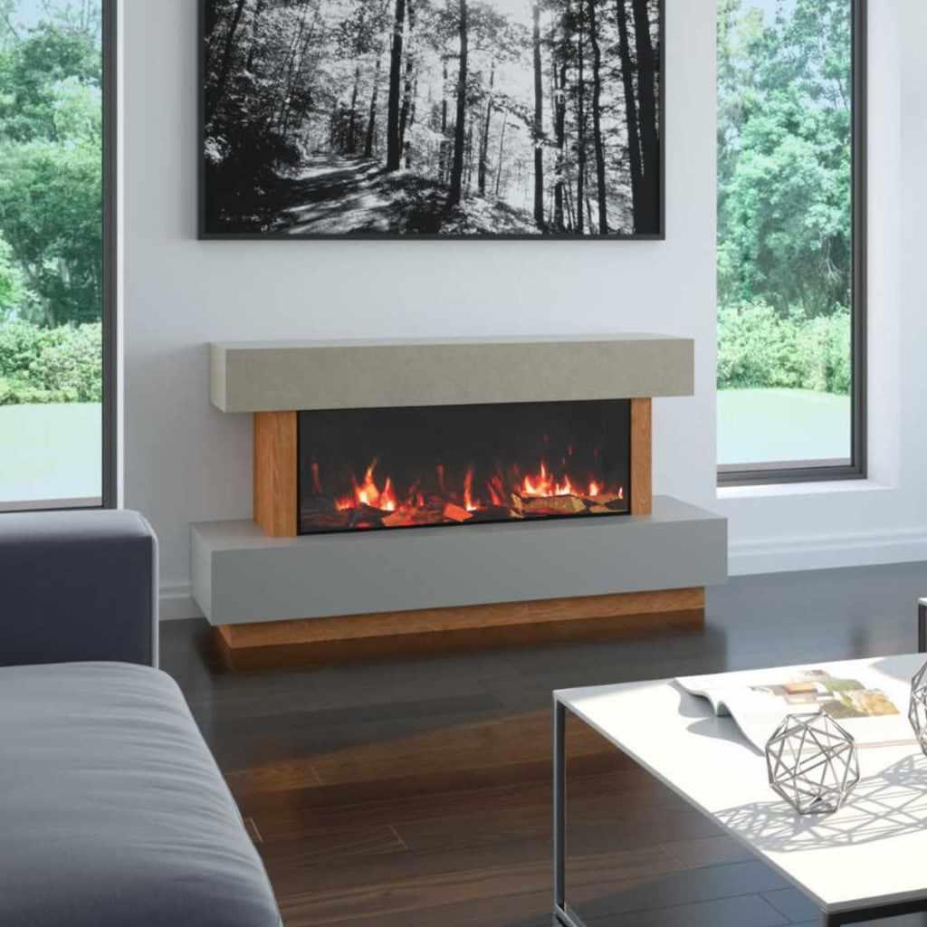 OER Tivoli Electric Fireplace Suite with a grey stone-effect surround and natural wood base in a modern living room.