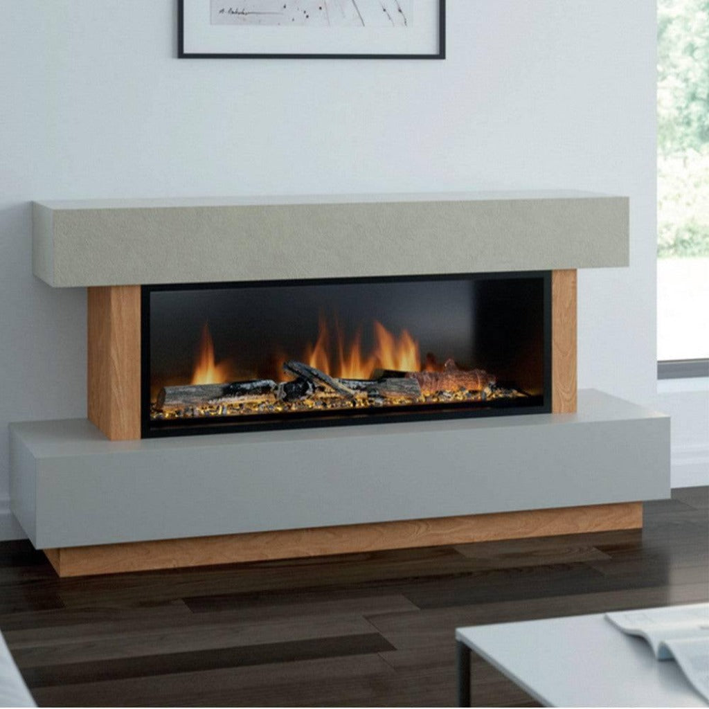 OER Tivoli Electric Fireplace Suite with a grey stone-effect mantel, wooden base, and wide panoramic flame display.