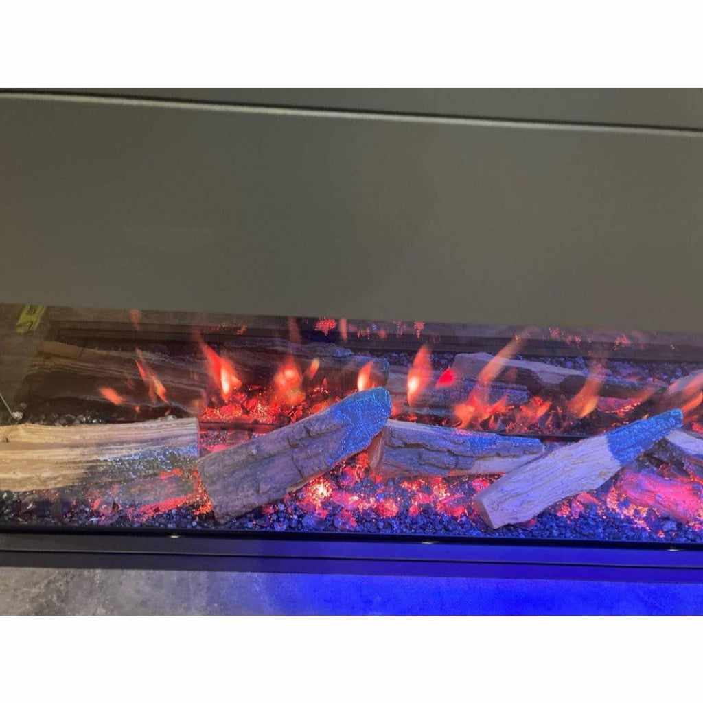 OER Tivoli Electric Fireplace Suite featuring realistic logs with glowing red embers and blue base lighting.