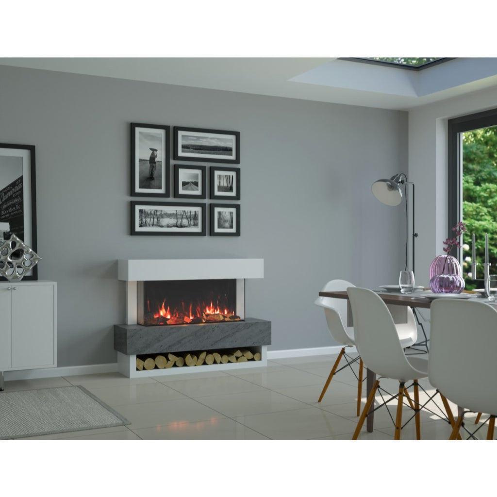 OER Vancouver Electric Fireplace Suite with a grey stone-effect hearth and log storage in a modern dining room.