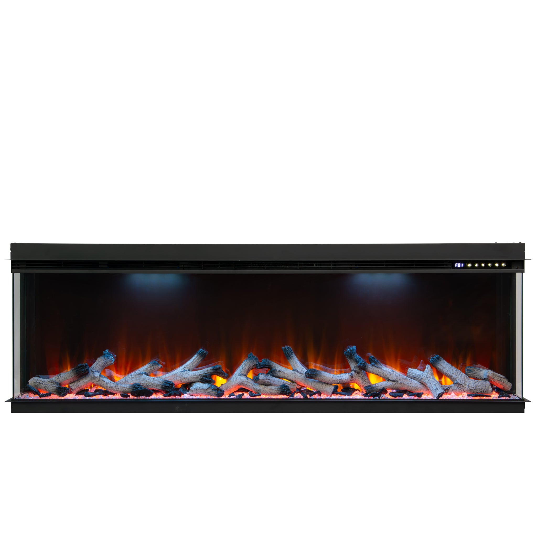 Maison 50-inch 3-sided electric fire insert with realistic logs and glowing orange flame effects on a black frame.