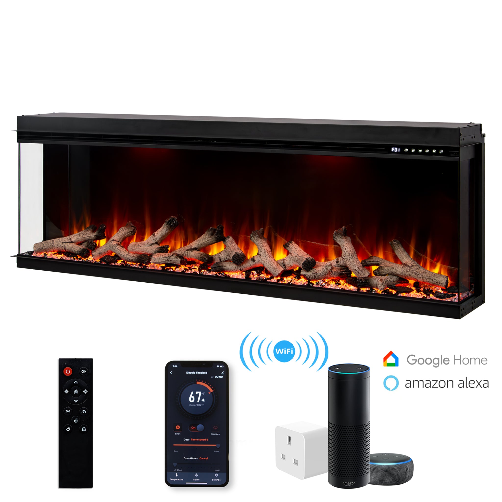 Panoramic Smart WiFi Media Wall Fire – 1/2/3 Sided Electric Fireplace with Alexa & 3D Flame-Twilight Fires