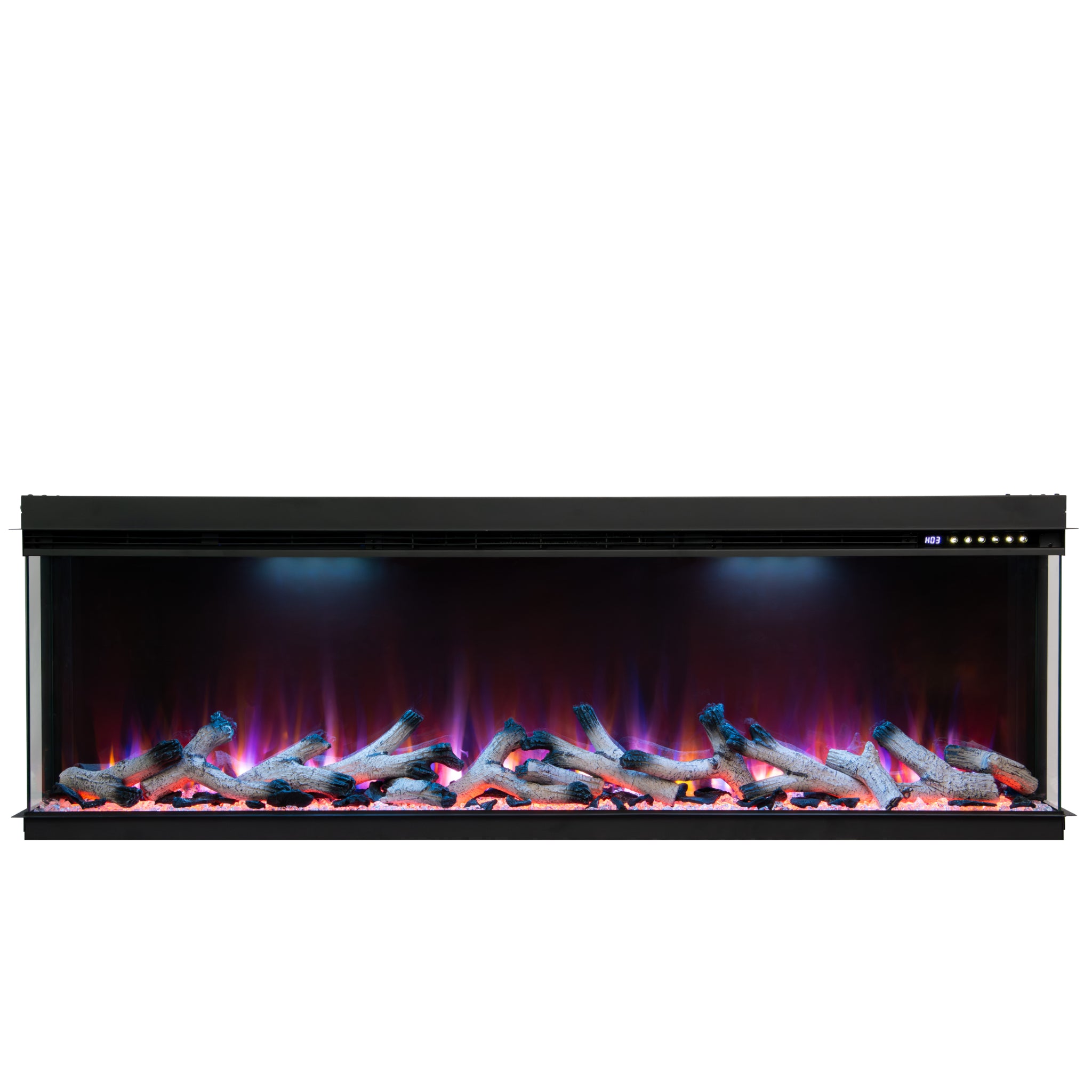 Maison 50 Inch 3 Sided Panoramic HD+ Media Wall Electric Fire with realistic logs and vibrant blue and red flame effects.