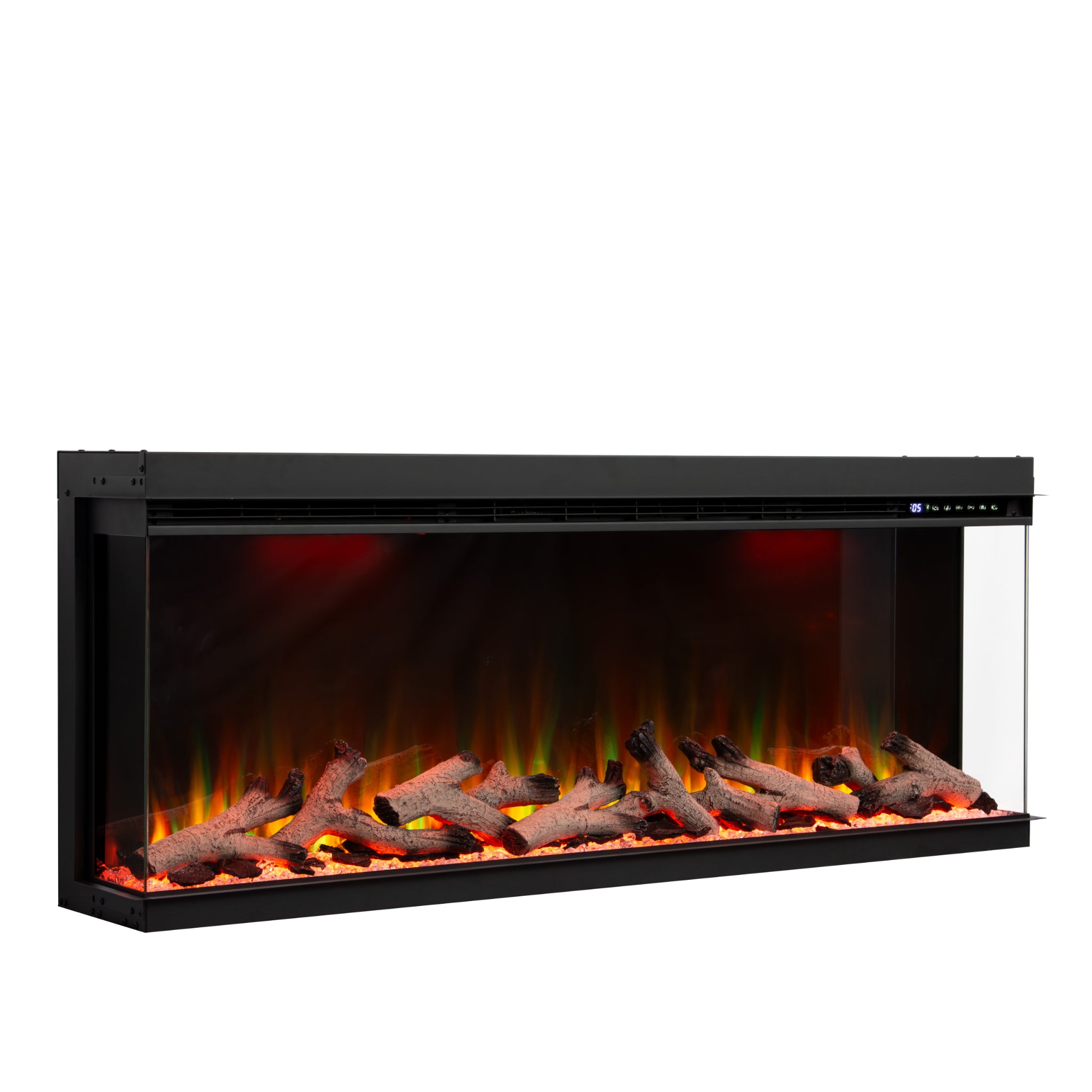 Maison 50 Inch 3 Sided Panoramic HD+ Media Wall Electric Fire with realistic logs and vibrant LED flame effects.