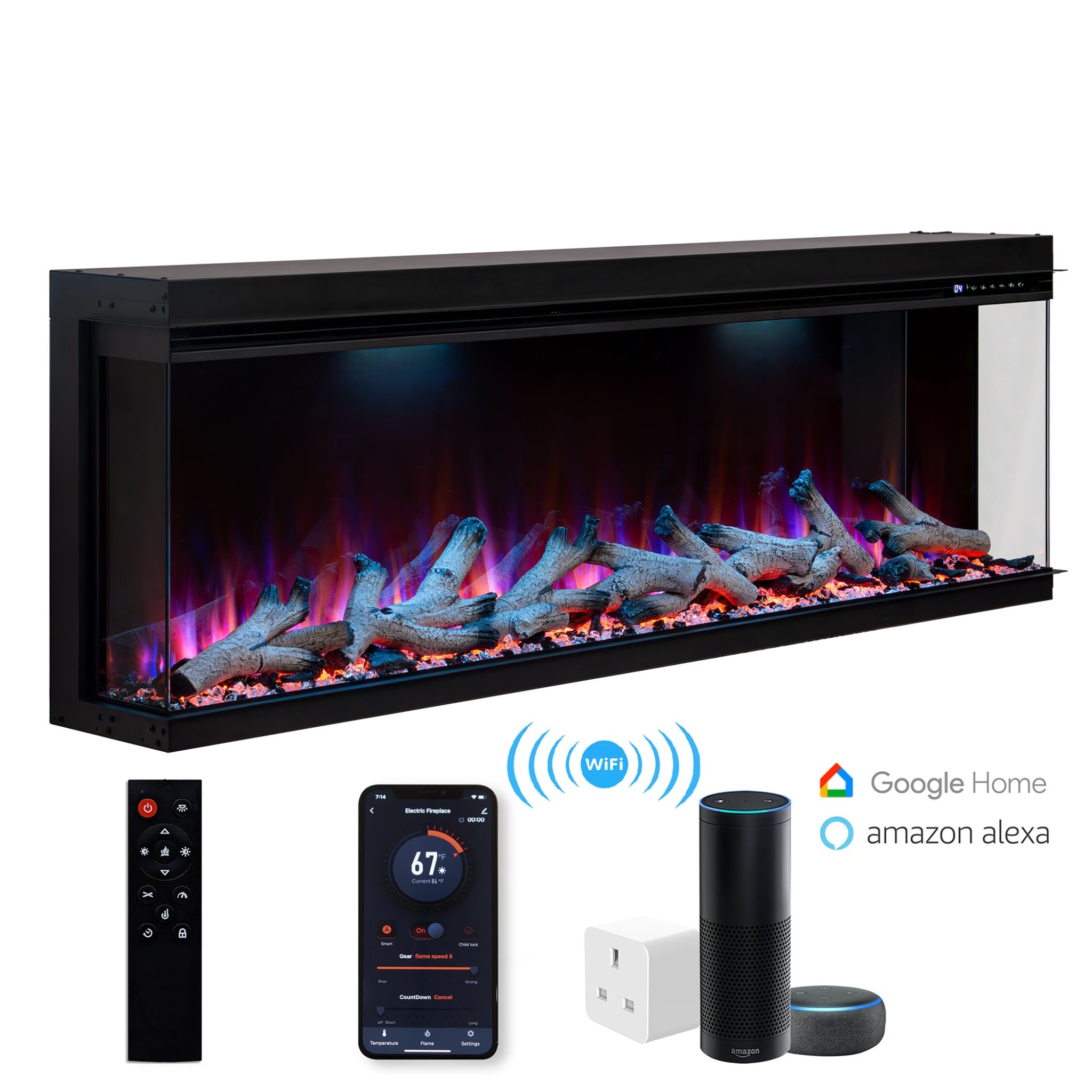 Maison 50-inch 3-sided panoramic electric fire with glowing logs, remote control, smartphone app, and smart home devices.