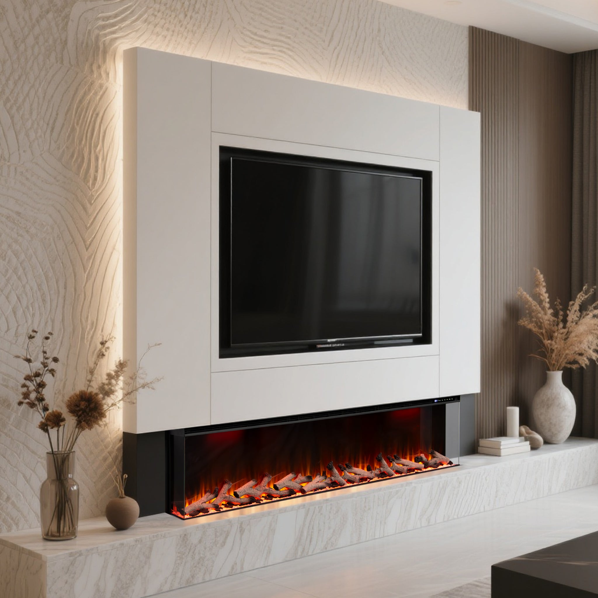 Panoramic Smart WiFi Media Wall Fire – 1/2/3 Sided Electric Fireplace with Alexa & 3D Flame-Twilight Fires