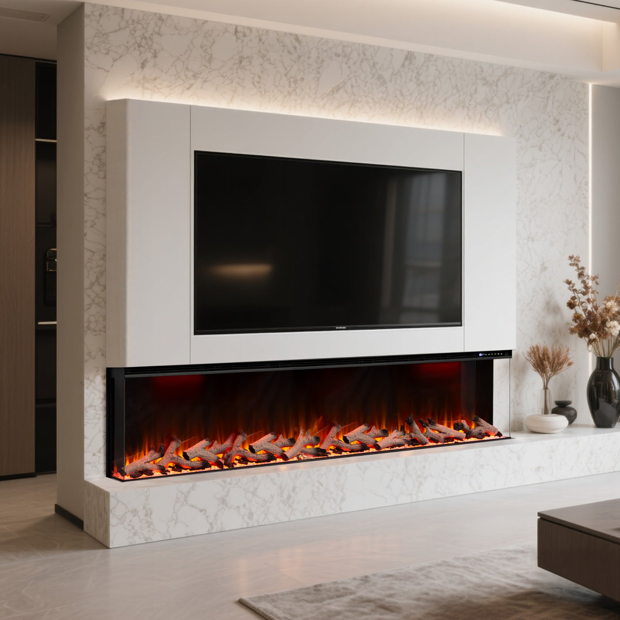 Panoramic Smart WiFi Media Wall Fire – 1/2/3 Sided Electric Fireplace with Alexa & 3D Flame-Twilight Fires