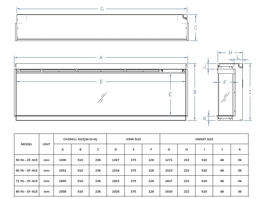 Technical line drawing showing dimensions for the Maison 50 Inch 3 Sided Panoramic HD+ Media Wall Electric Fire Insert.