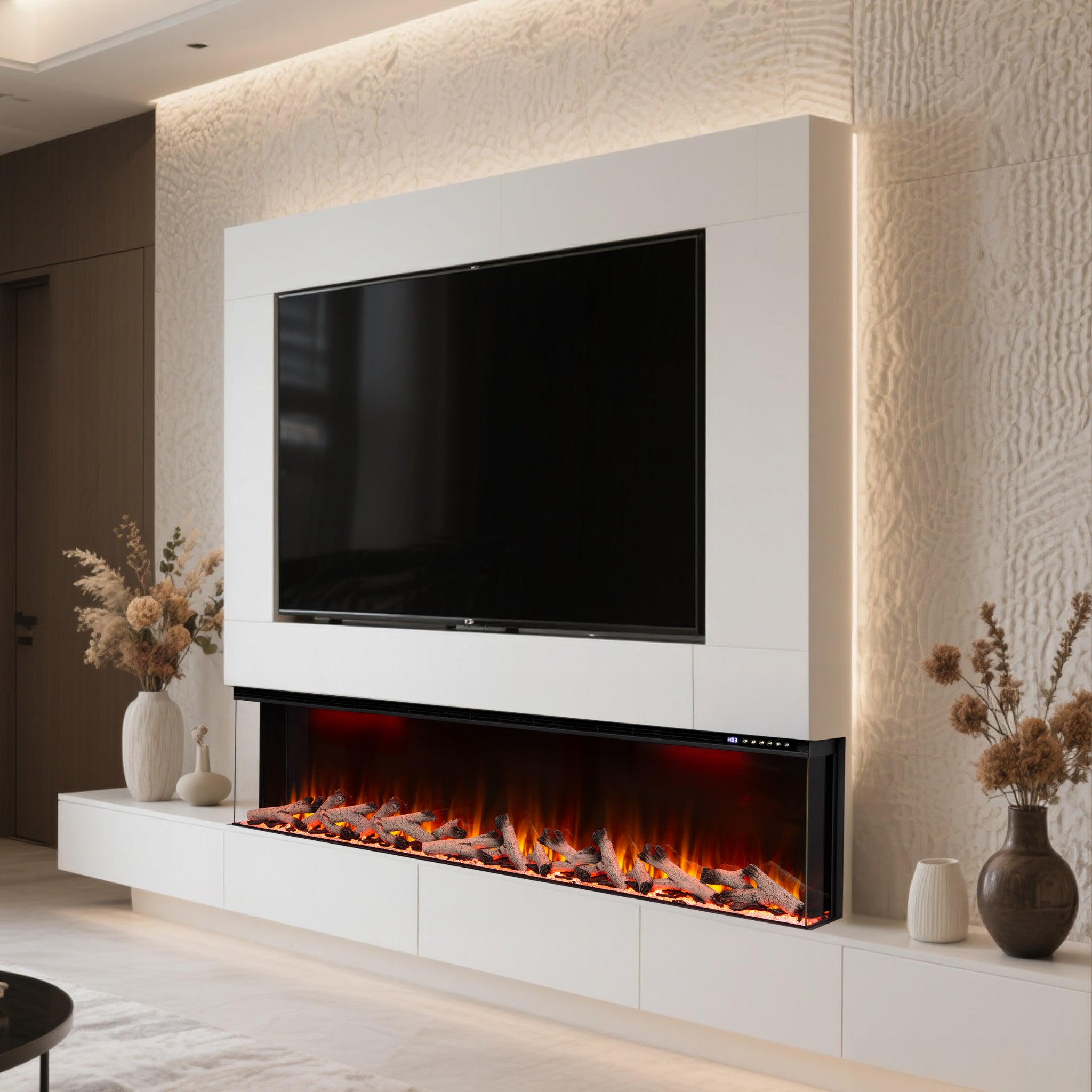 Panoramic Smart WiFi Media Wall Fire – 1/2/3 Sided Electric Fireplace with Alexa & 3D Flame-Twilight Fires