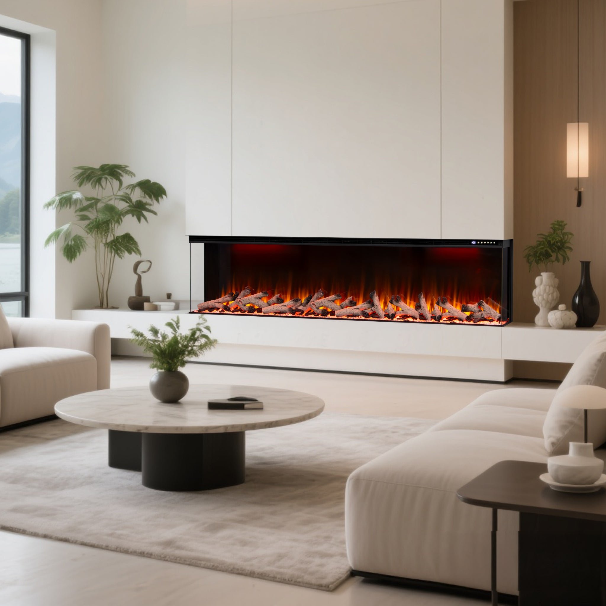 Panoramic Smart WiFi Media Wall Fire – 1/2/3 Sided Electric Fireplace with Alexa & 3D Flame-Twilight Fires
