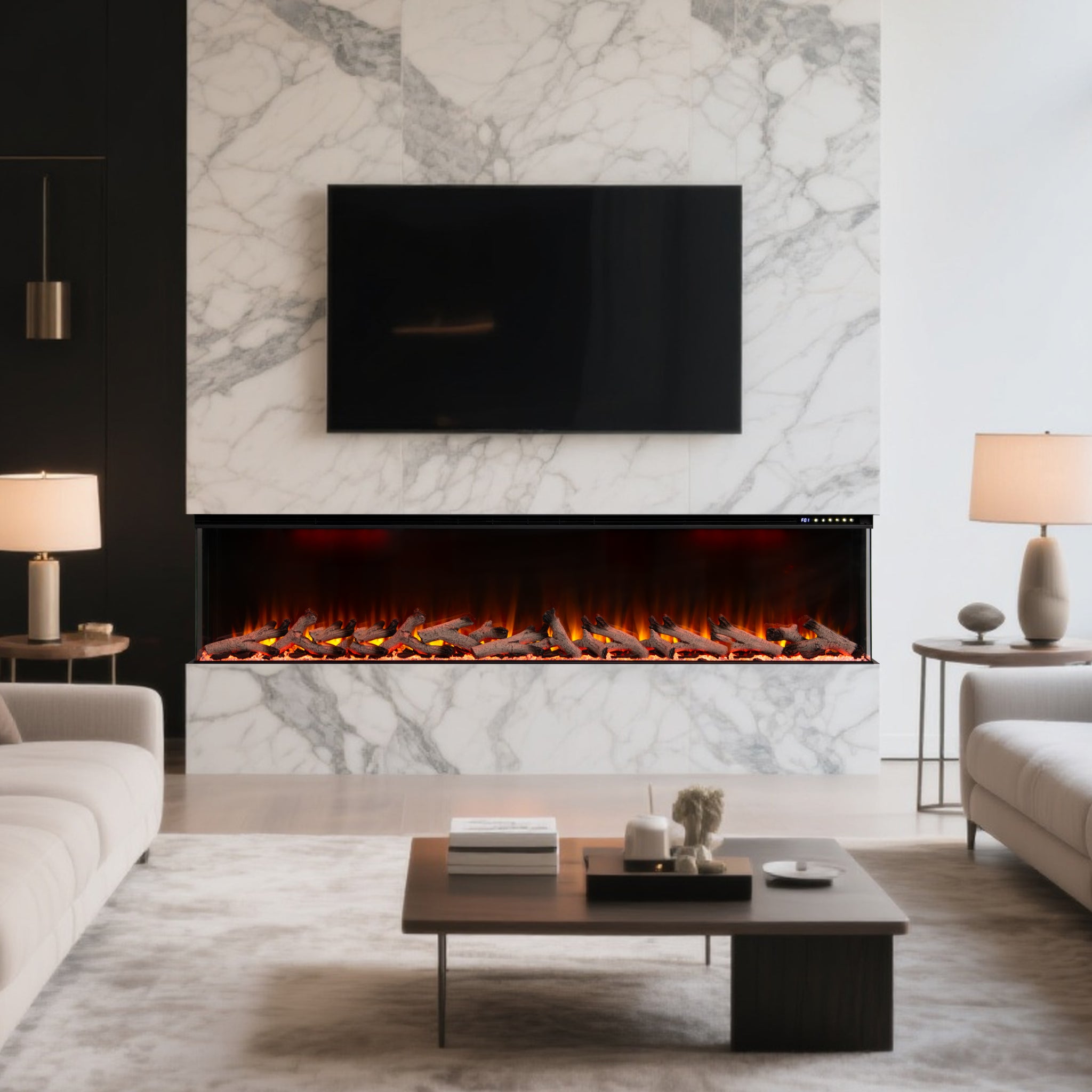 Panoramic Smart WiFi Media Wall Fire – 1/2/3 Sided Electric Fireplace with Alexa & 3D Flame-Twilight Fires