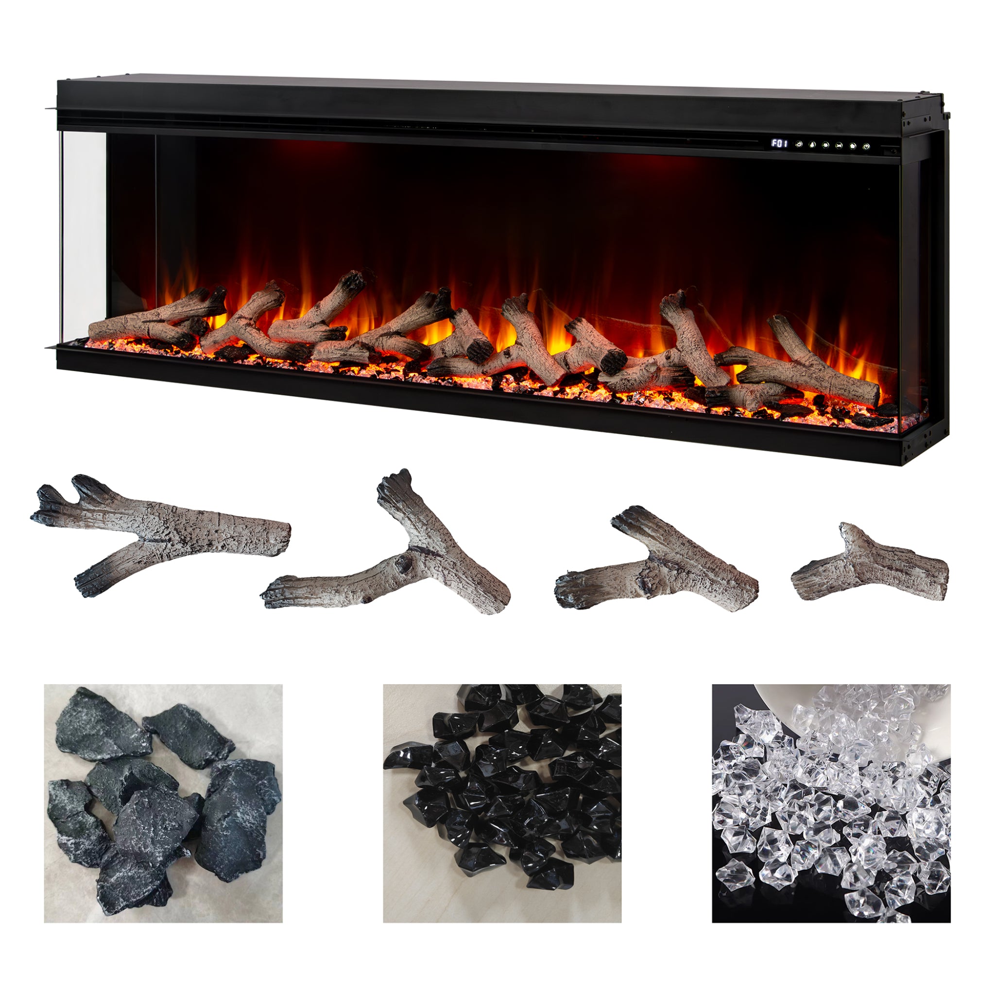 Maison 50 Inch 3 Sided Panoramic HD+ Media Wall Electric Fire with realistic logs, black coals, and crystal embers.