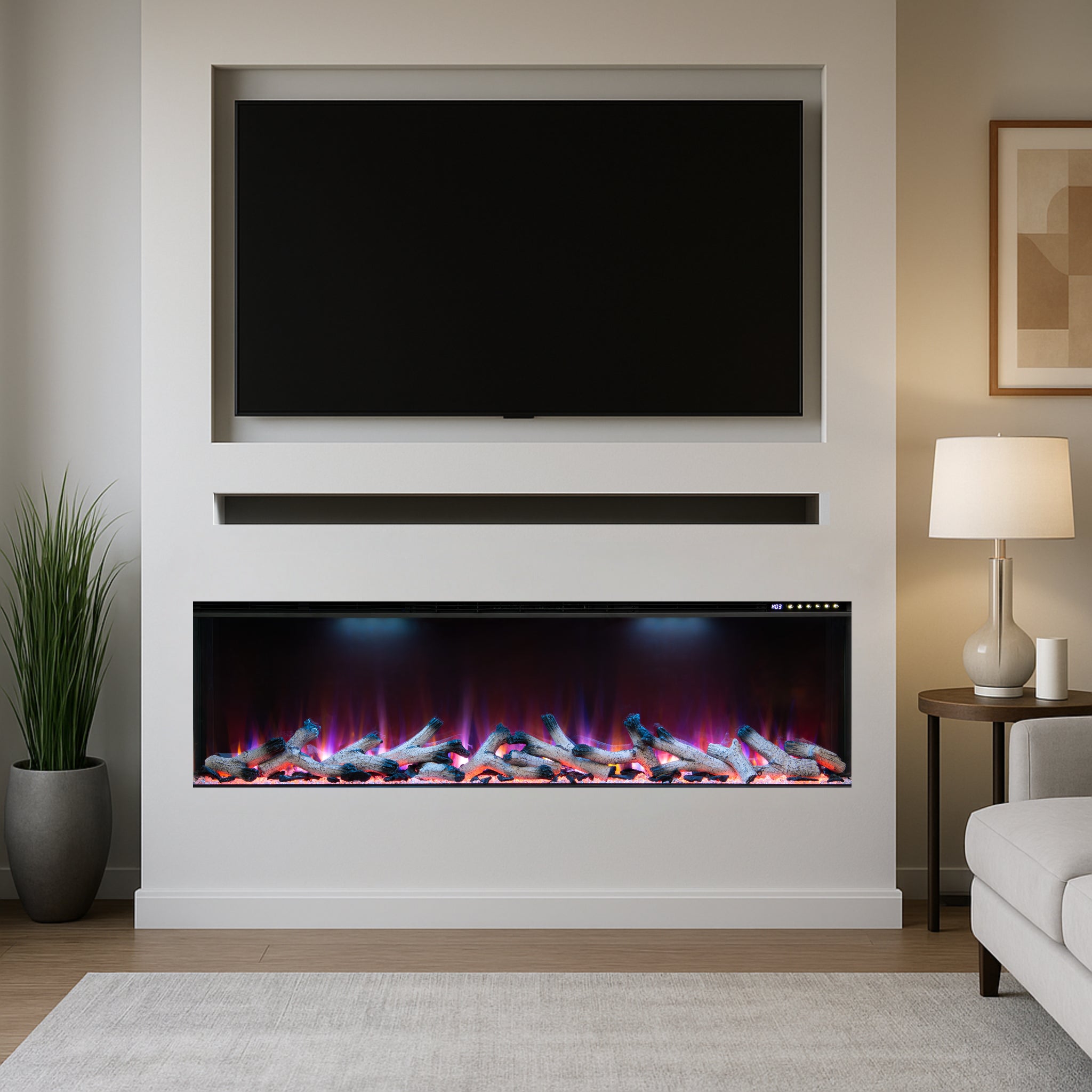 Maison 50 Inch 3 Sided Panoramic HD+ Media Wall Electric Fire with blue and orange flames in a white feature wall.