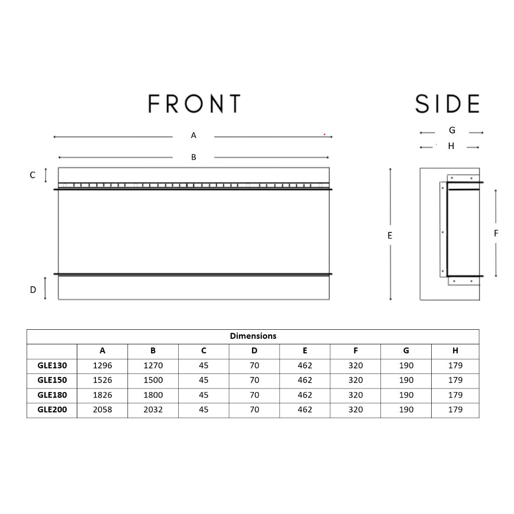 Technical line drawing showing front and side dimensions for the Slimline Panoramic 3D Electric Fire.