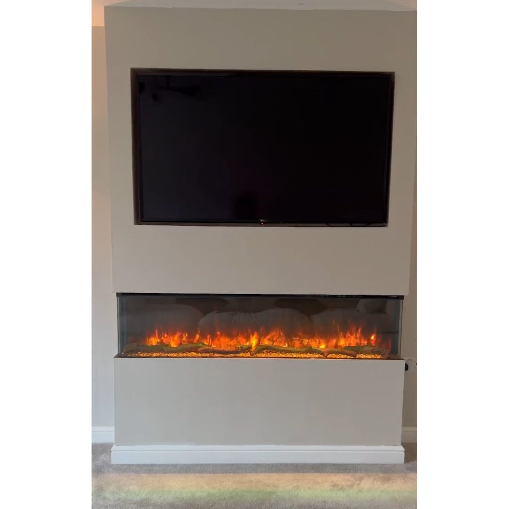 Slimline panoramic 3D electric fire set in a cream media wall with a mounted television above.