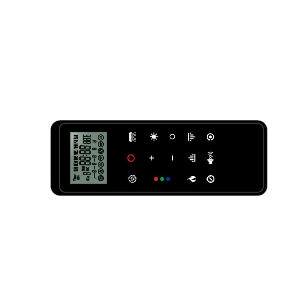 Black rectangular remote control for Slimline Panoramic 3D electric fire with digital LCD screen and touch buttons.