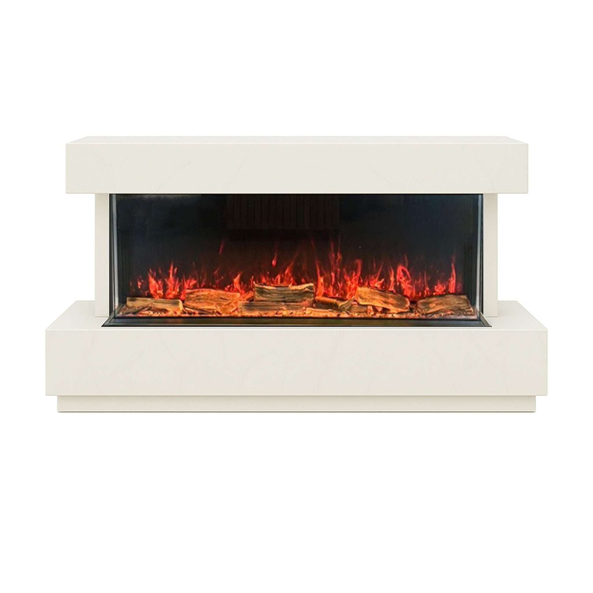 Solace 67 marble media wall suite with a three-sided Hestia electric fire featuring realistic glowing logs.