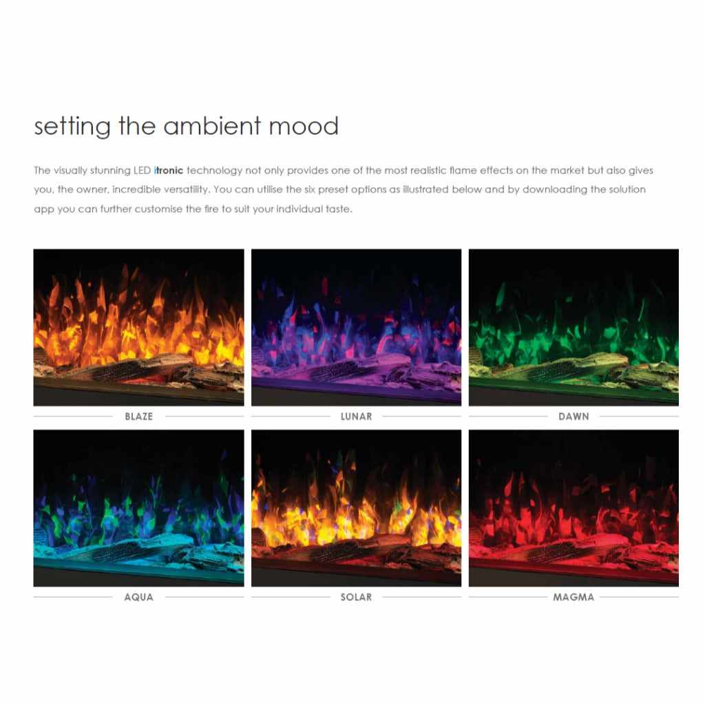 Solution Fires SLE100 HD showing six different LED flame colour presets including orange, purple, green, and blue.