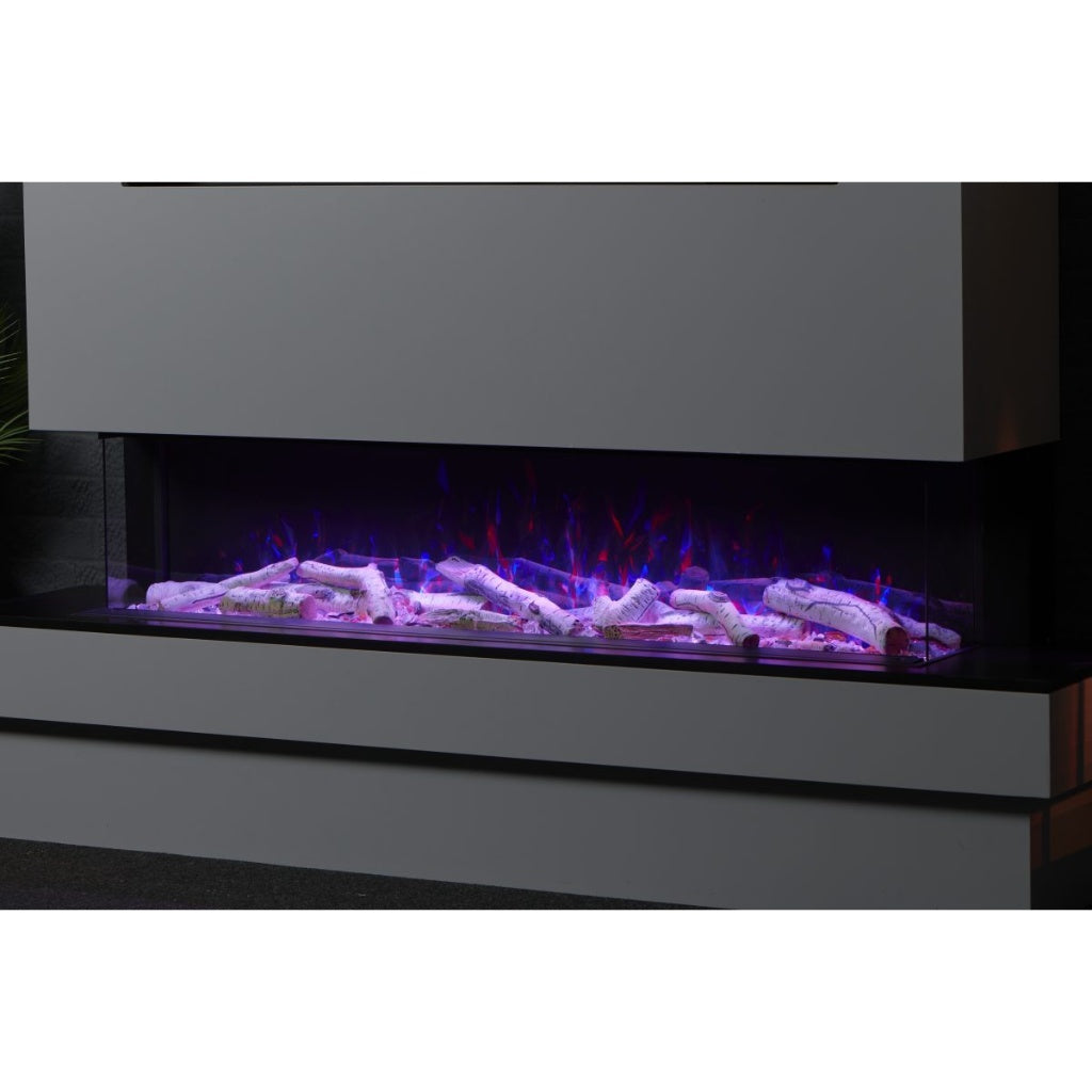 Solution Fires SLE100 HD panoramic electric fire with blue and red LED flames and realistic logs in a media wall.