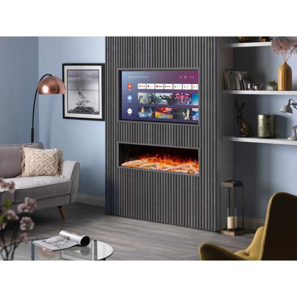 Solution Fires SLE100 HD electric fire installed in a grey slatted media wall below a television.