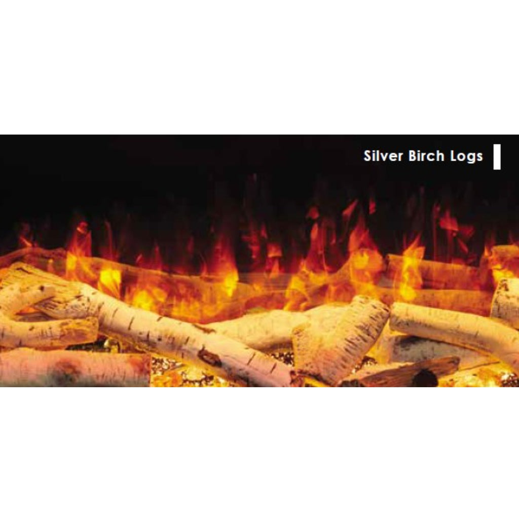 Solution SLE125 electric fire featuring realistic silver birch logs with vibrant orange and red flame effects.