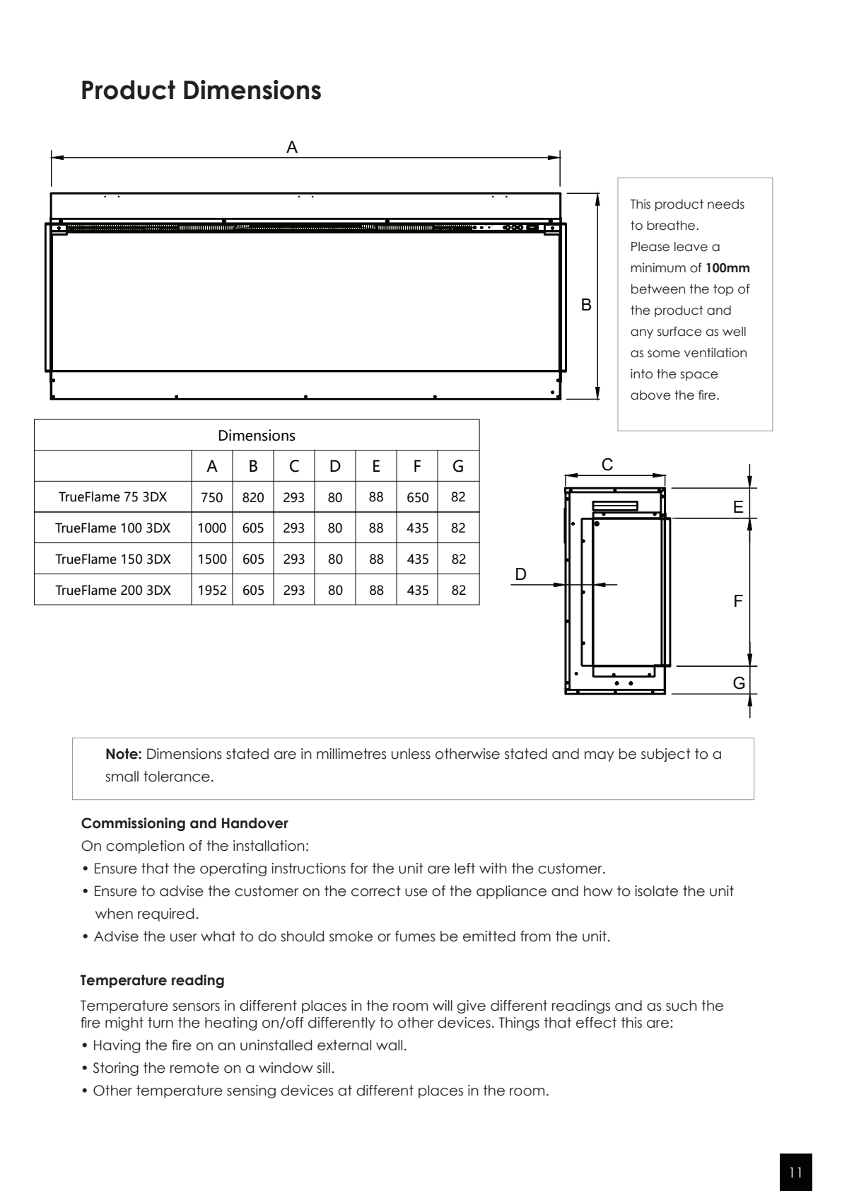 Manufacturer dimension drawing: use the TrueFlame 100 3DX row (1000 × 605 × 293 mm); required clearance and tolerance notes included