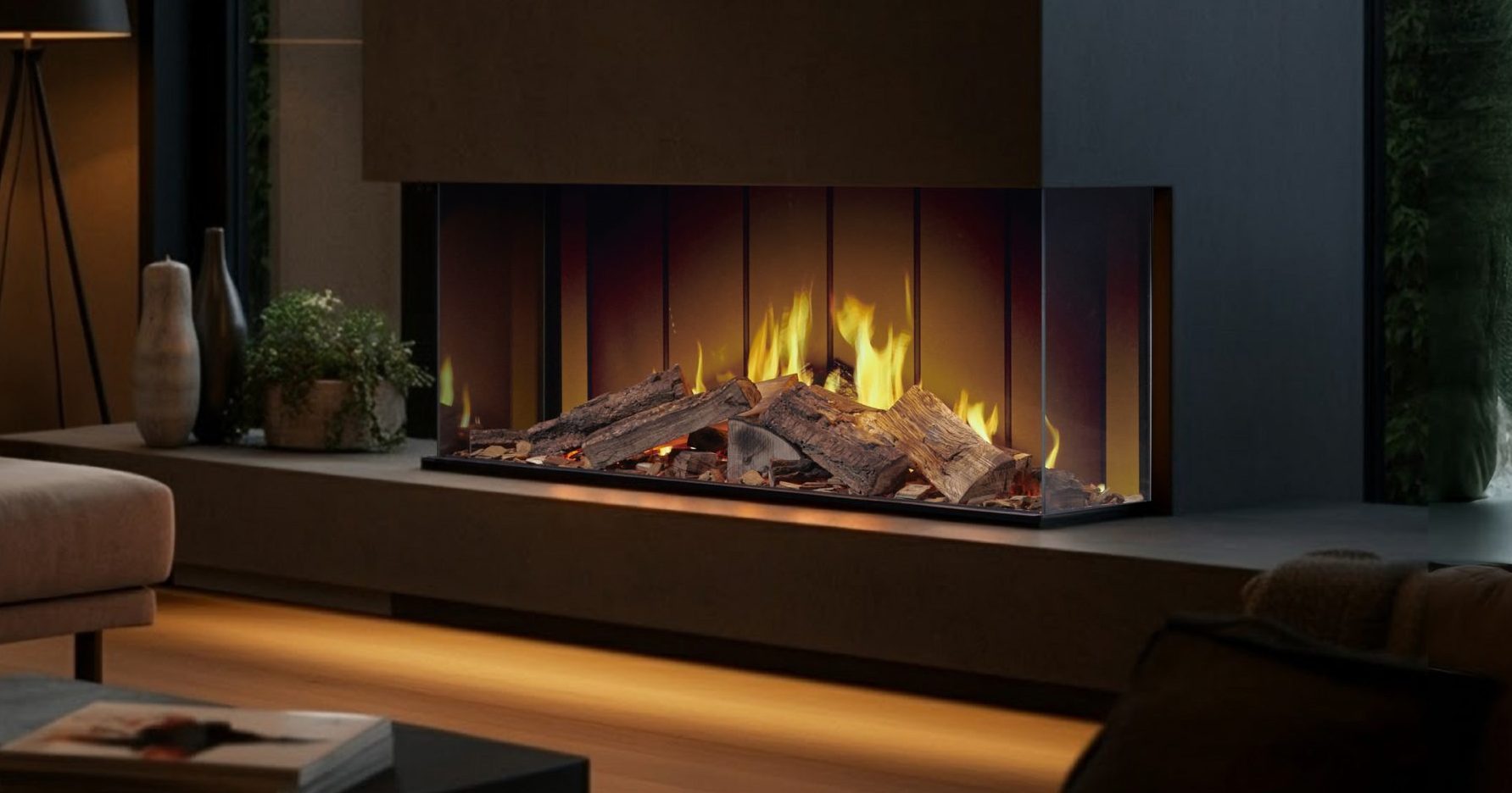 TrueFlame 100 3DX panoramic electric fire with real log fuel bed