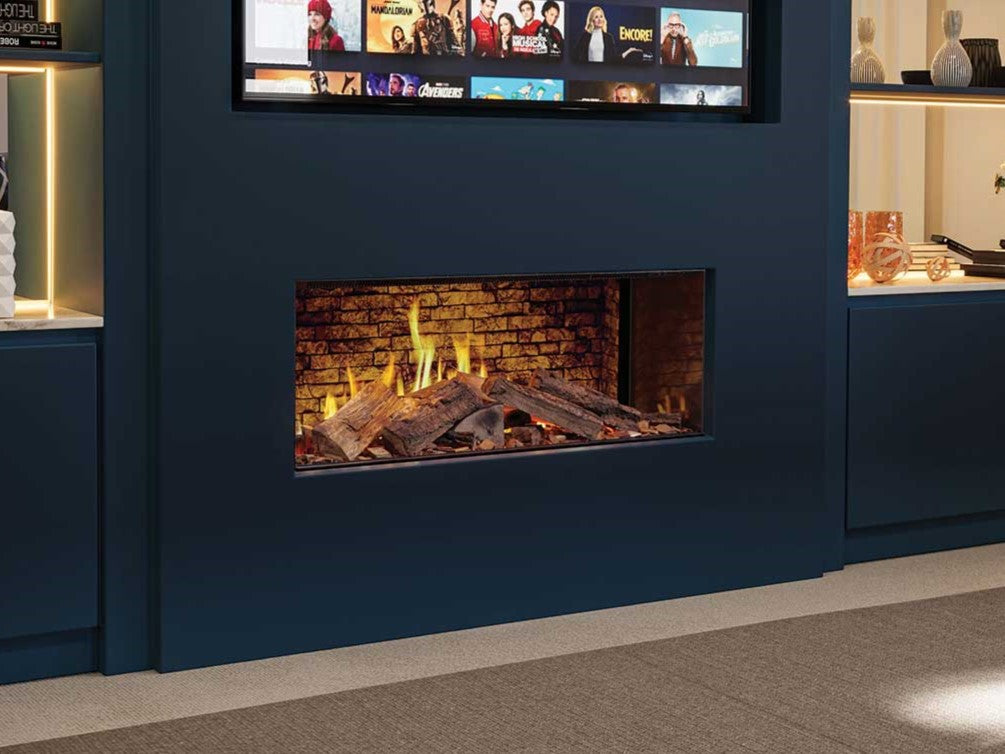 TrueFlame 100 3DX with brick-effect background in a media wall