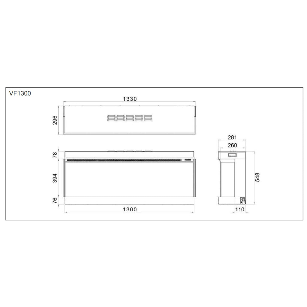 Technical line drawing showing front, top, and side dimensions of the Vision Futura 1300 electric fire.