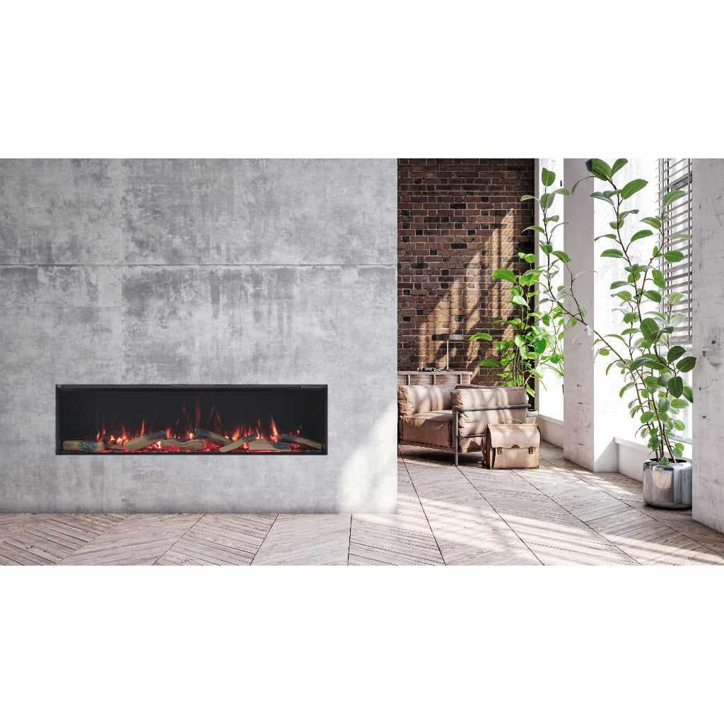 Vision Futura 60 inch electric fire with realistic flames, set into a modern grey concrete feature wall.