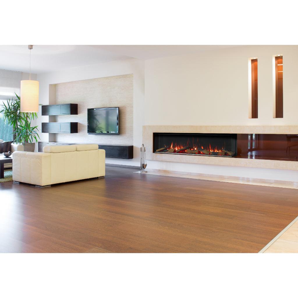 Vision Futura 60 inch panoramic electric fire insert with realistic flames, set in a modern cream stone media wall.