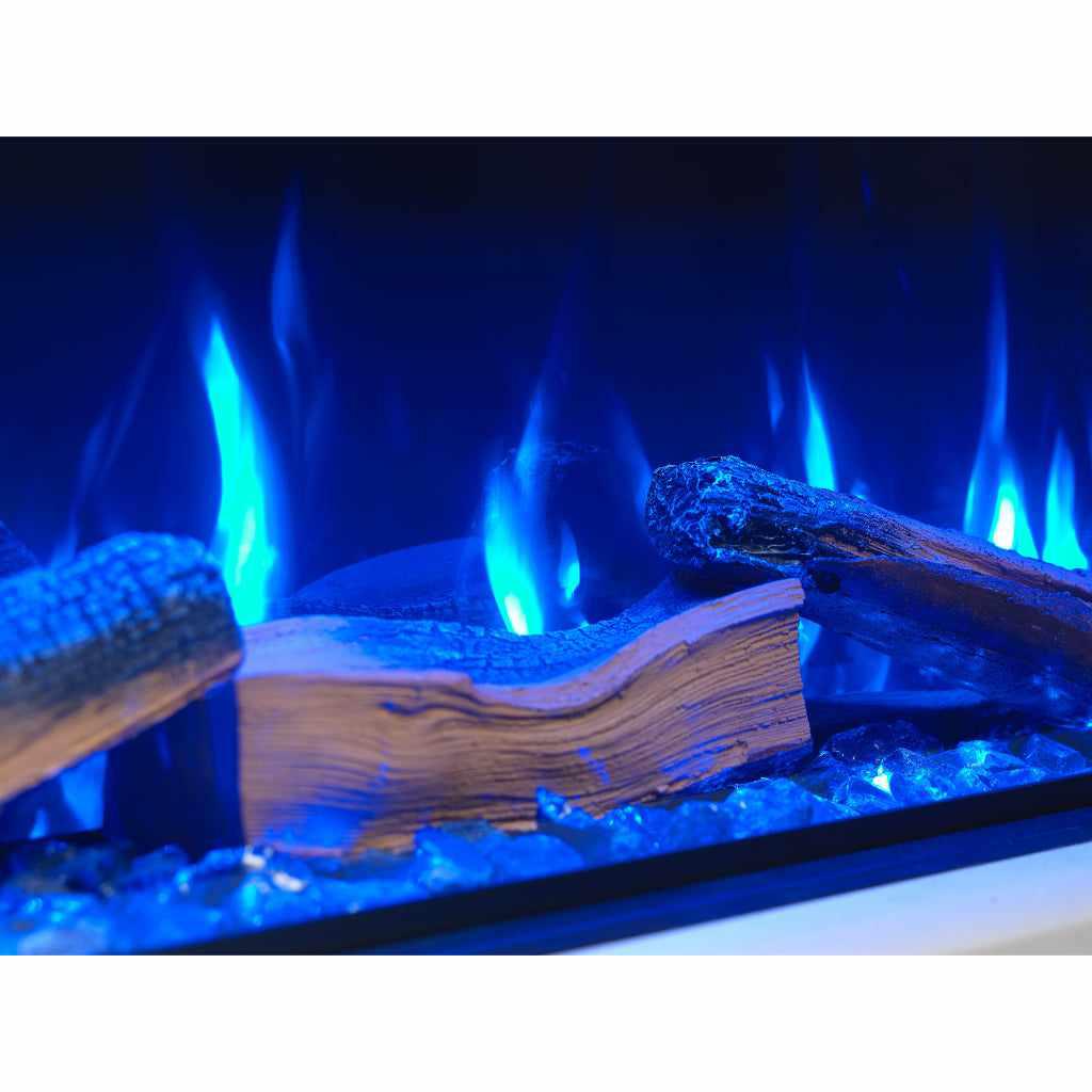 Vision Futura 60 Inch electric fire with glowing blue flames, realistic log fuel bed, and sparkling crystal embers.