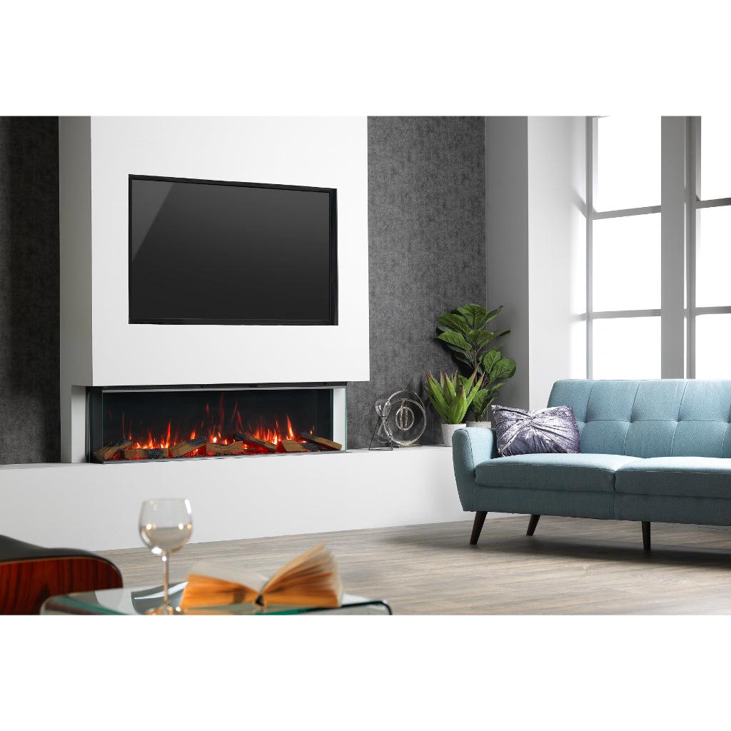 Vision Futura 60 inch 3-sided electric fire with realistic flames, set in a modern white media wall with a TV above.