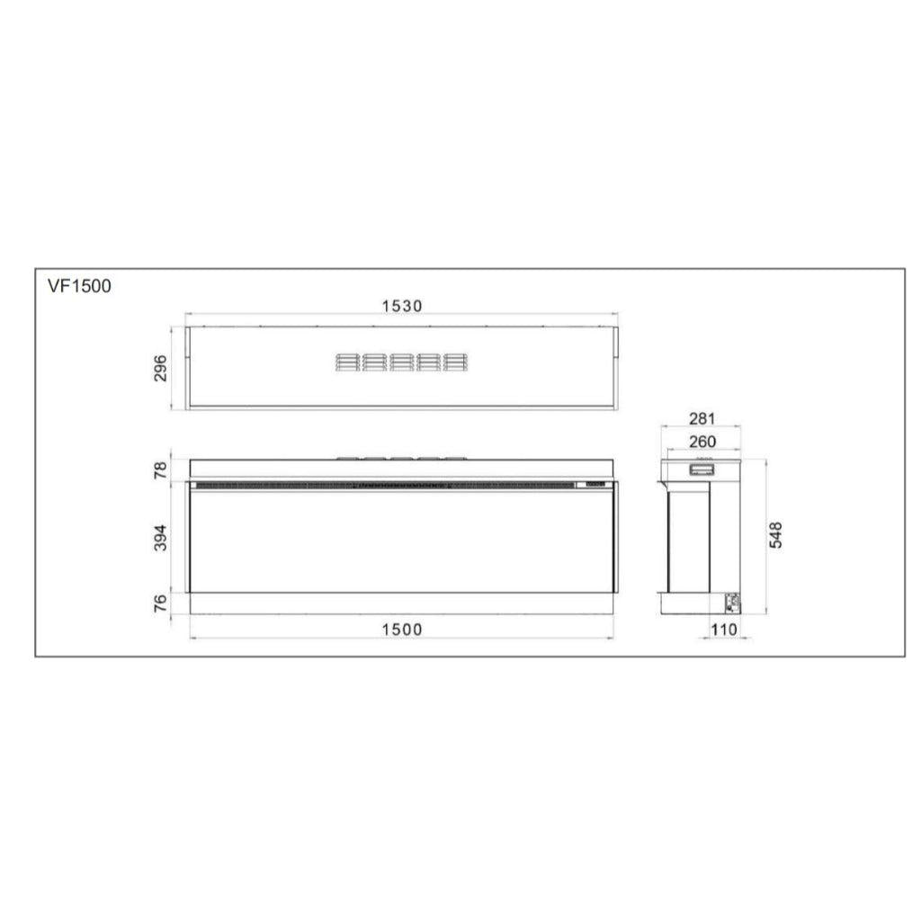 Technical line drawing showing dimensions for the Vision Futura VF1500 electric fire insert.
