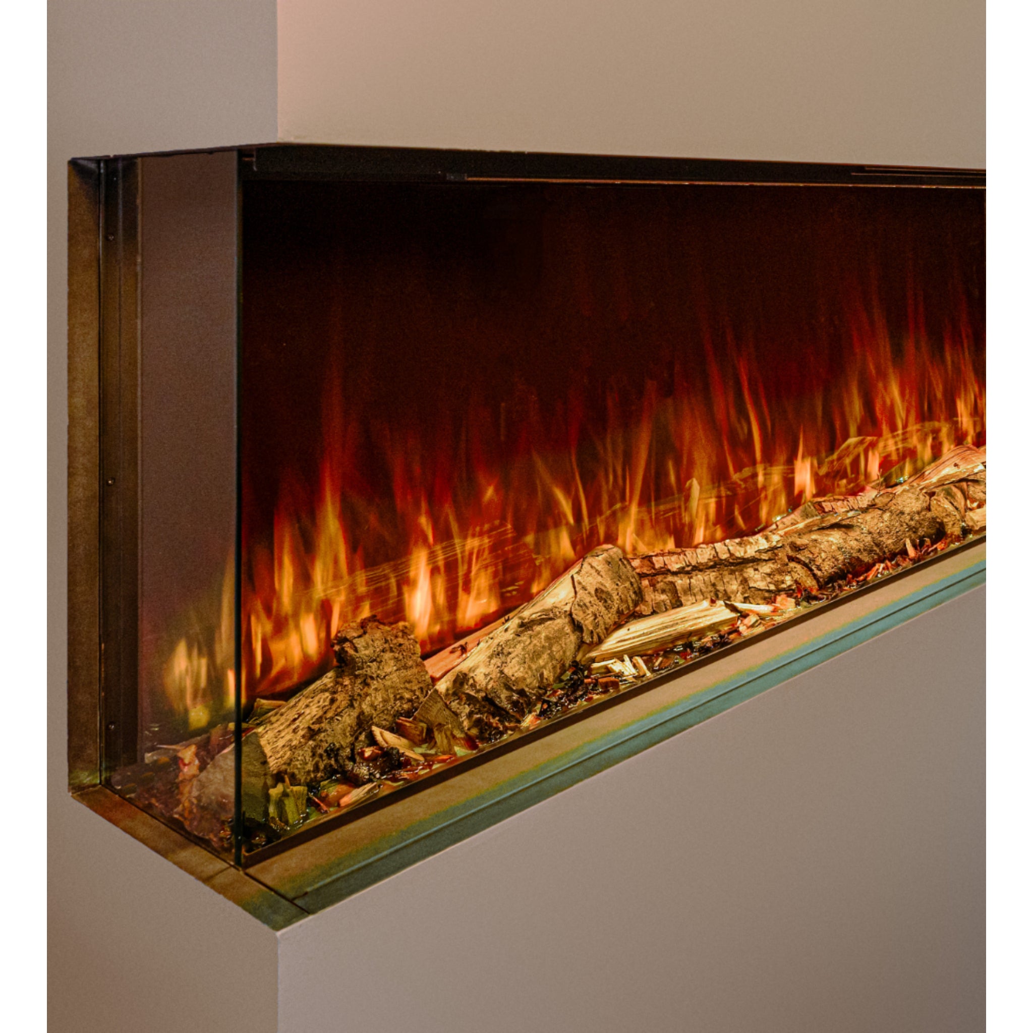 Woodford Hestia 72 inch 3-sided electric fire with realistic glowing logs and vibrant orange flame effects.
