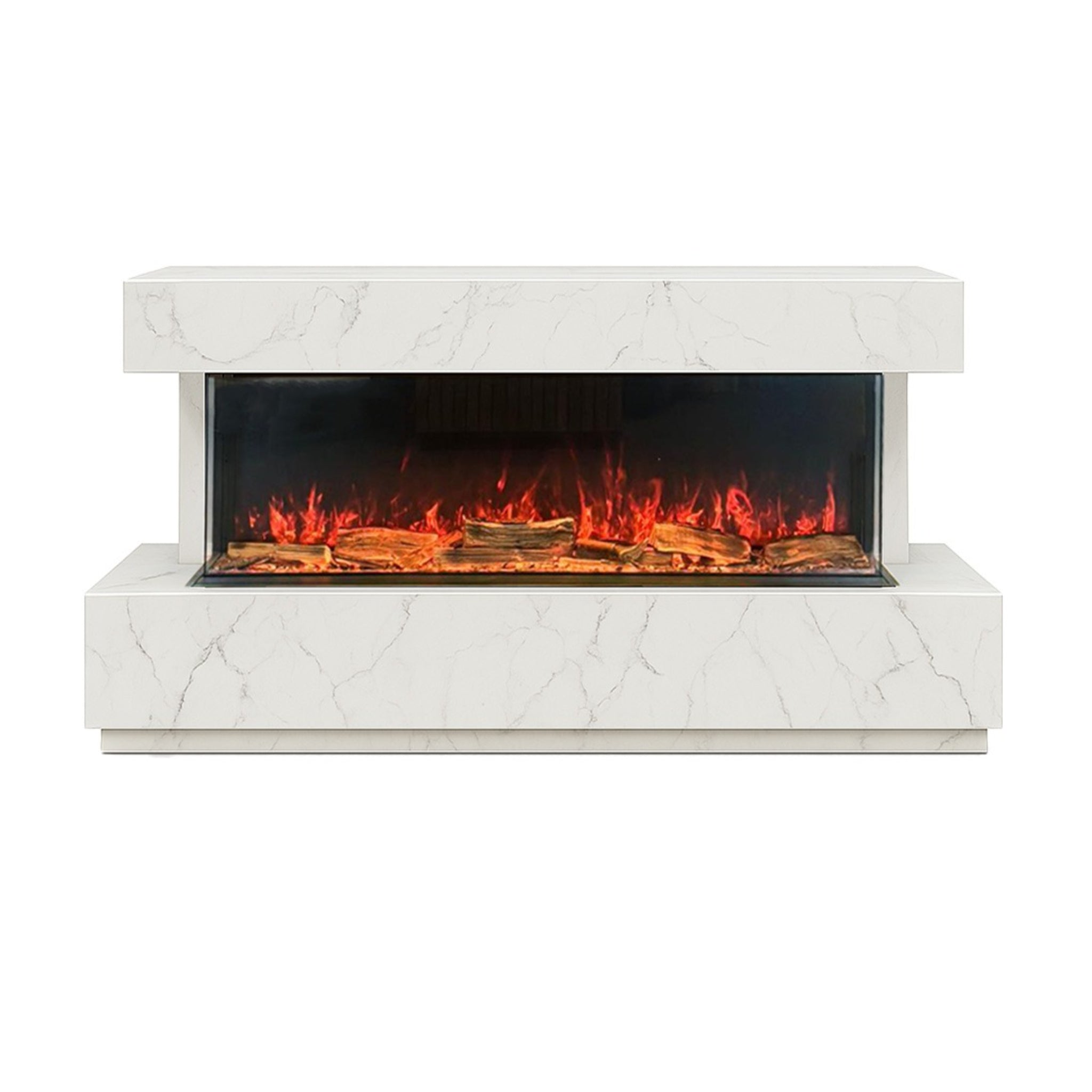 Woodford Hestia 72 inch 3-sided electric fire with a white marble-effect finish and realistic glowing log fuel bed.