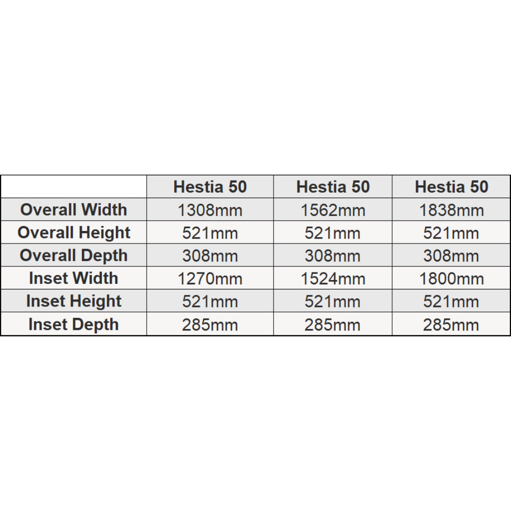 Technical specification table showing dimensions for Woodford Hestia electric fire models in millimetres.