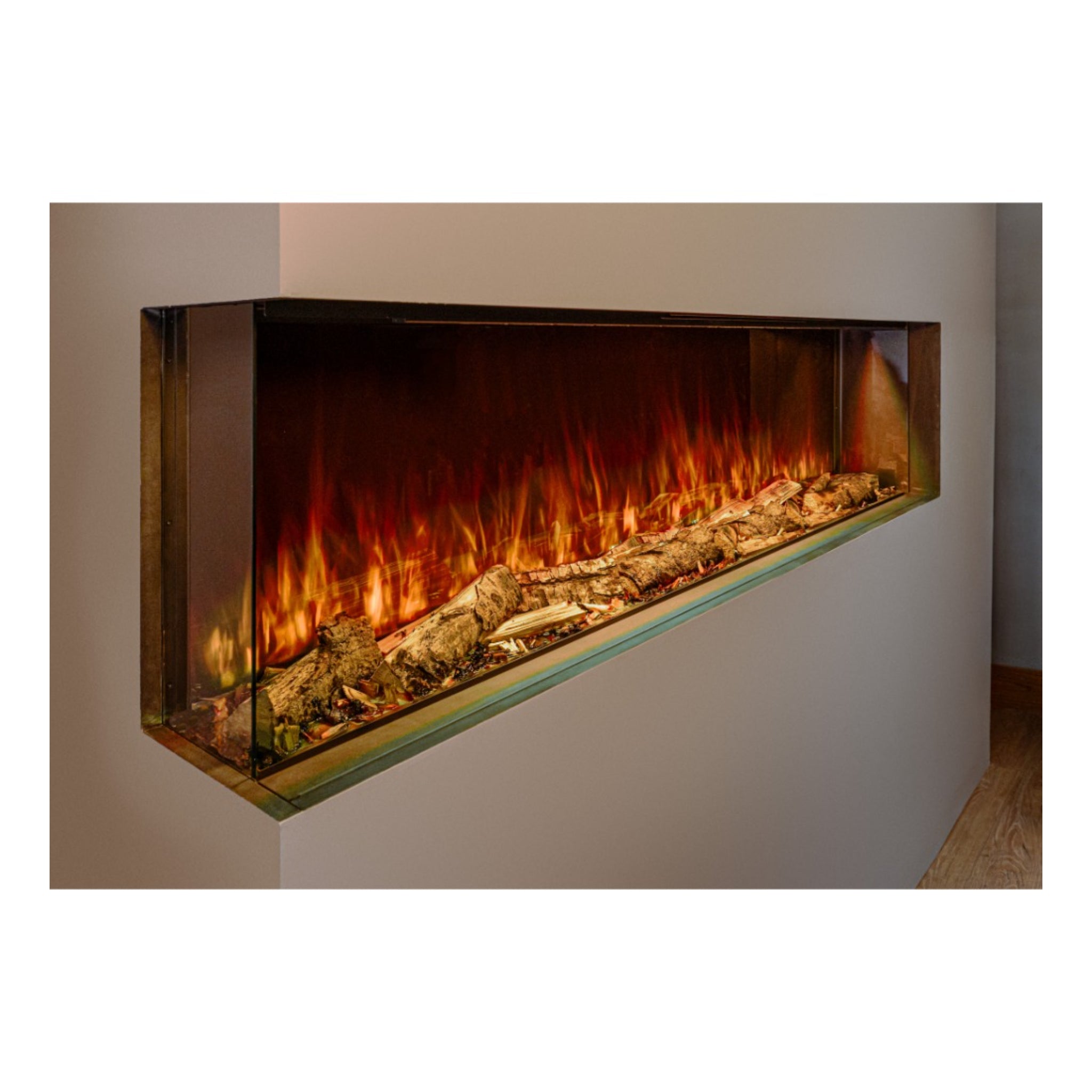 Woodford Hestia 72 inch three-sided electric fire with realistic log fuel bed and vibrant orange flame effect.