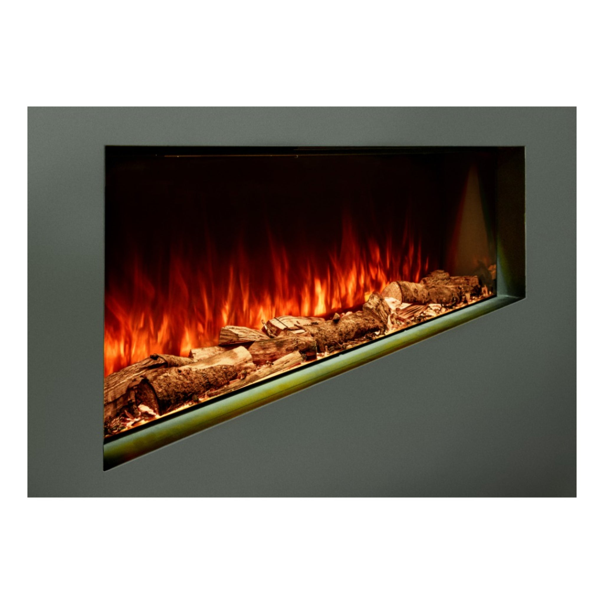 Woodford Hestia 72 Inch 3-sided electric fire insert with realistic glowing logs and vibrant orange flame effect.