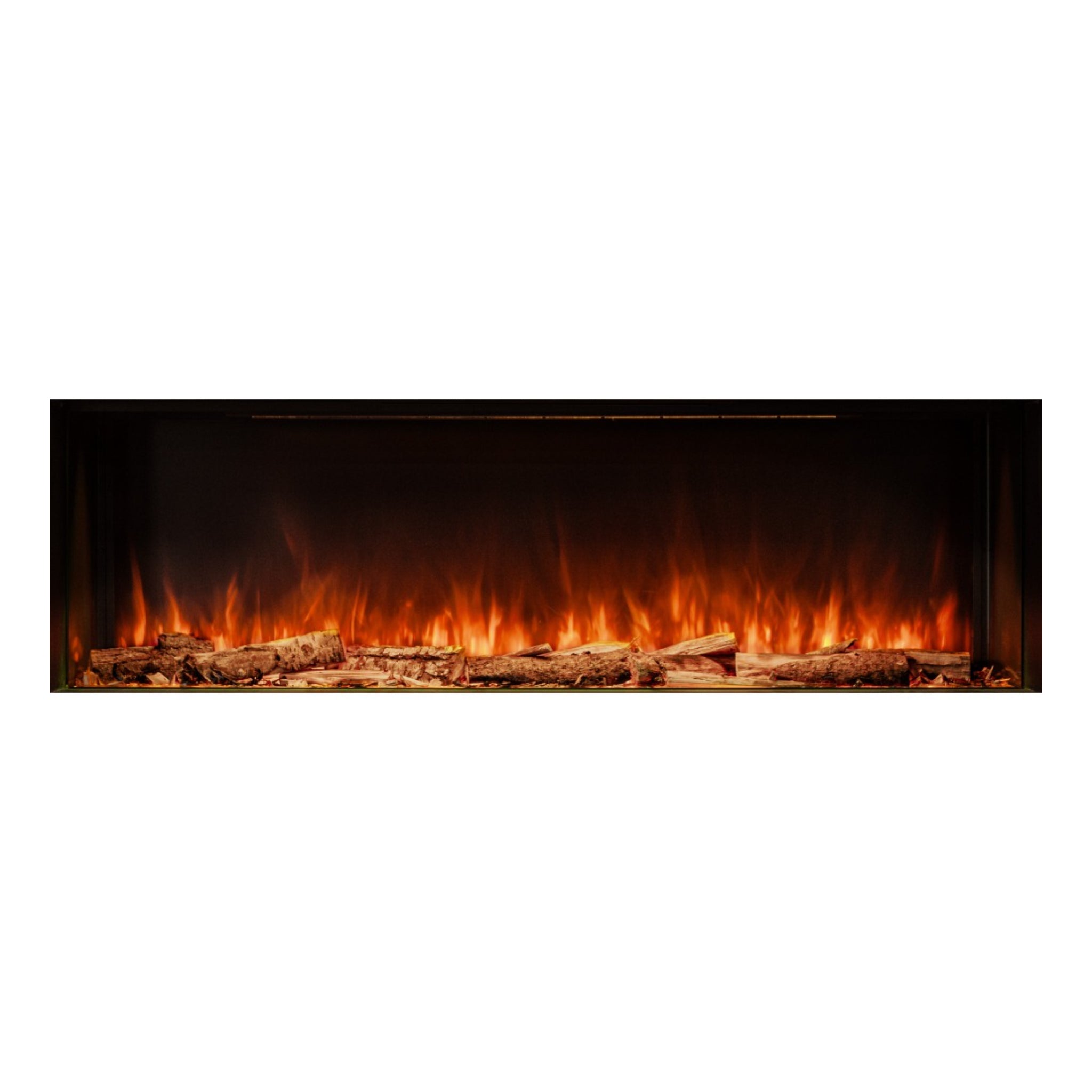 Woodford Hestia 72 inch 3-sided electric fire with realistic orange flames and a log fuel bed in a black frame.