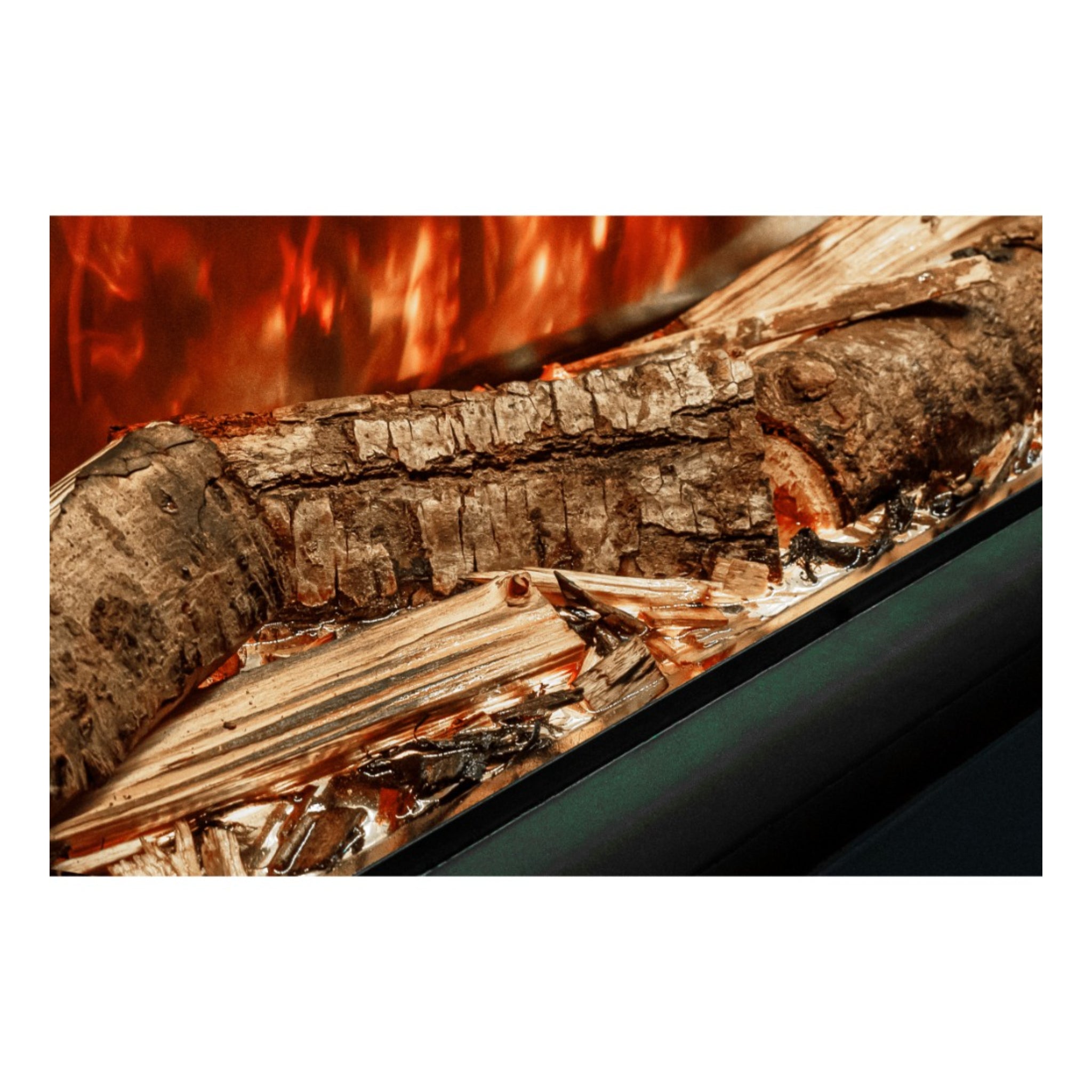 Close-up of Woodford Hestia electric fire logs with realistic textured bark and glowing orange flame effect.